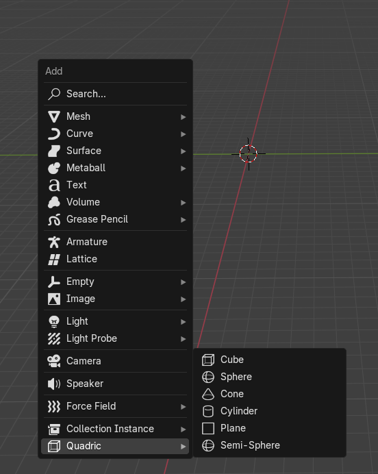 Quadric Objects Menu